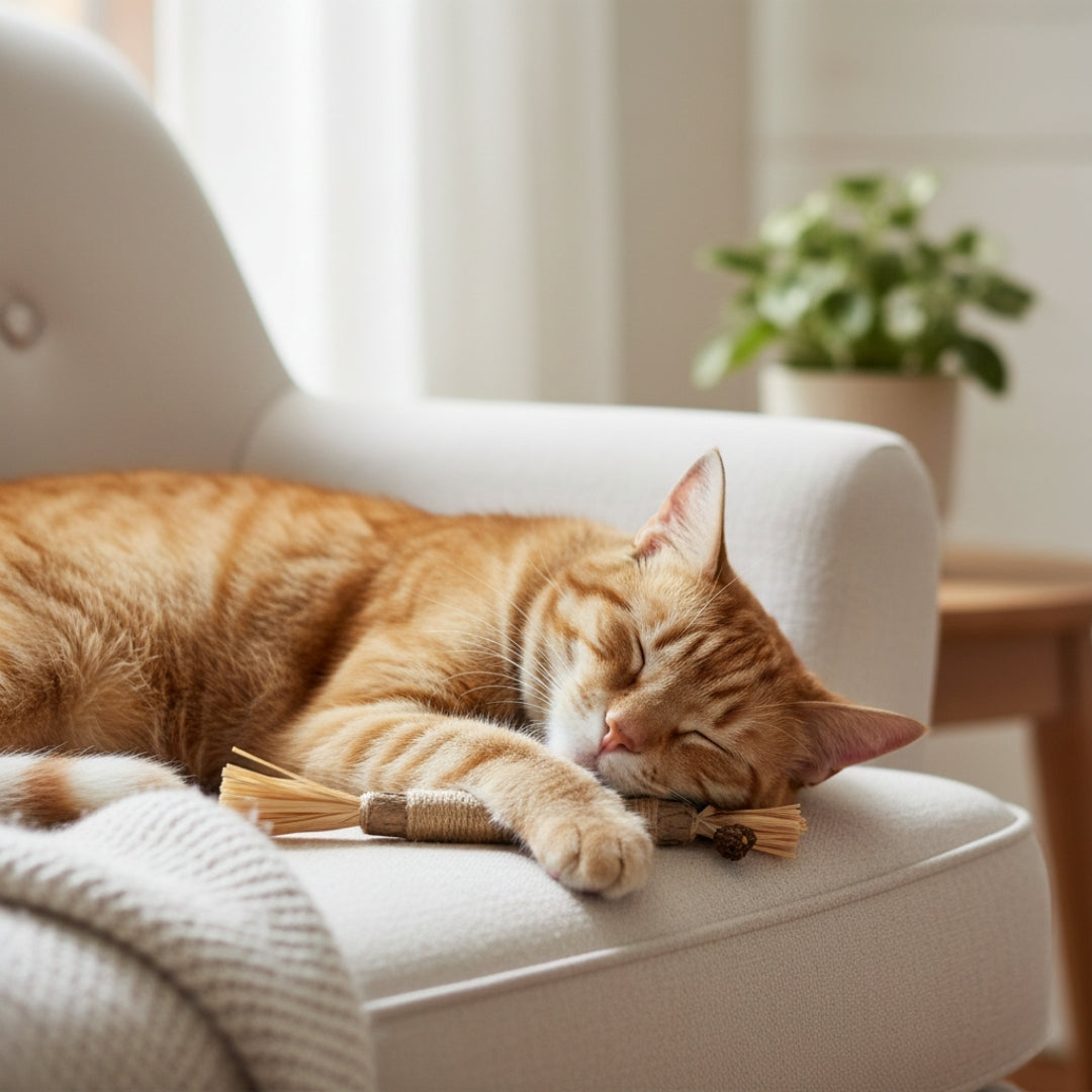 Doğal dental stick ile oynadıktan sonra rahatlayan kedi