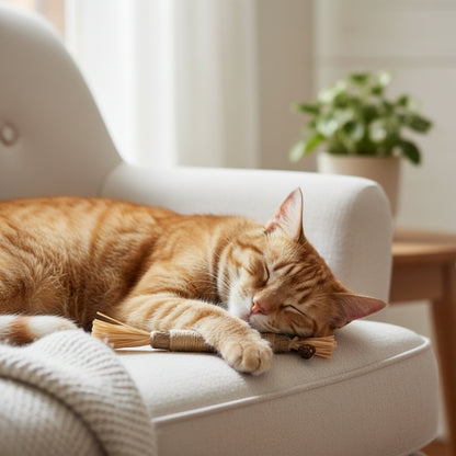 Doğal dental stick ile oynadıktan sonra rahatlayan kedi